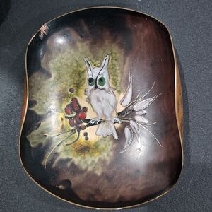 Enamel on Copper Owl Handpainted in Holland Dutch Display Plate Bowl MCM 50s